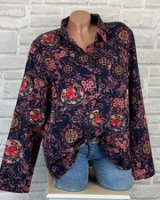 Damen Leinen Bluse Tunika Shirt Hemd Print Langarmhemd  42 44 46 Blau C383 NEU