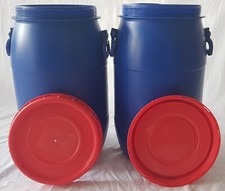 2 Kunststofffässer 35 Ltr. Wassertonne, Regentonne, Futtertonne, Blau/Orange