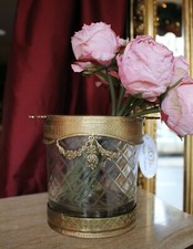 Edles schweres Baroque Glas mit Messing Windlicht Vase Antik Look 16cm NEU