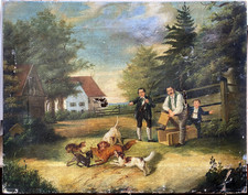 ::ÖLGEMÄLDE JAGDSZENE HUNDE FUCHS BAUERNHÄUSER TANNEN KINDER MAN