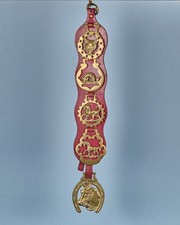 Vintage Pferdegeschirrriemen 5 Messing Pferdemedaillon Wolf Fisch Löwe Ross Gaul