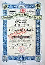Vereinigte Speyerer Ziegelwerke AG histor. Aktie Speyer 1889 Rheinland-Pfalz