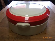 Schöner antiker alter runder Brotkasten Emaille Rot-Weiß Durchmesser: 36 cm