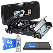 PREMIUM 2 flammig Campingkocher Outdoor Gaskocher Grillplatte +4x Gaskartusche