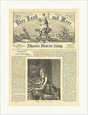 Goldfischchen Holzstich Glas Mädchen Tisch Hocker Pflanzen Aquarium  E 1563