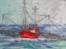 Selbstgemaltes Ölbild 40x50 cm Rotes Fischerboot Maritime Angelboot Segelboot