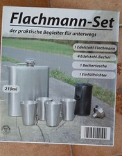 Flachmann Set 7 teilig Edelstahl gebürstet Trichter Becher Tasche