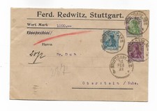 Heimat / STUTTGART No 2b 15 FEB 21, 4 Württ.-K1 auf Wert-Brief mit MiF 144 + 147