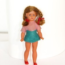 Alte Puppe 10 cm, DDR Puppenhaus Mädchen mit Zöpfen, 50er 60er Jahre