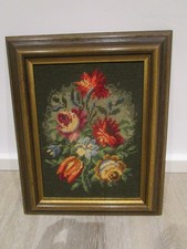 Gobelin Stickbild mit Rahmen  33,5 x 27,5 cm Motiv Blumen Handarbeit