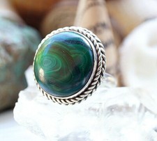 Vintage Design Verspielt 925er Silber Ring 63 Malachit Grün Stein Kordel Muster