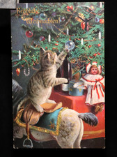 alte AK Fröhliche Weihnachten Katze mit Geschenken um 1905