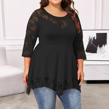 Damen Spitze 3/4 Ärmel Bluse T-Shirt Longshirt Hemd Tunika Oberteile Übergröße