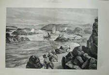 Original alter antiker Druck 1884 Nil Ägypten Krieg Wal Boote Siers Katarakt Kunst