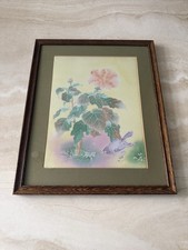 Vintage gerahmter japanischer Holzschnitt auf Seidenbild Floral