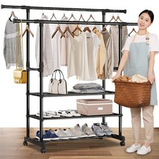 Doppel Kleiderständer auf Rollen Mobiler Kleiderwagen Garderobenständer Stabil