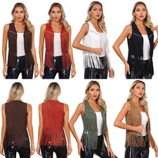 Damen Wildleder Weste Fransen Jacke 70er 80er Hippie Kostüm Halloween Fasching
