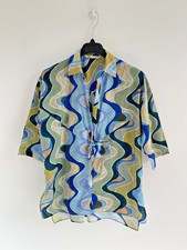 Zara Bluse Shirt Top Retro Swirl Print Blau Grün Kaftan Oversized LARGE