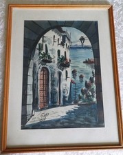 Mallorca Strasse zum Meer Original Tusche/Aquarell signiert gerahmt ca. 1960er