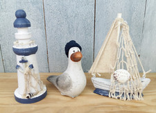 3tlg. Deko Set Leuchtturm, Boot und Möwe mit Pudelmütze maritime Dekoration