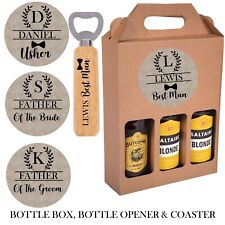 PERSONALISIERTER BIERFLASCHENTRÄGER BOX FLASCHENÖFFNER UNTERSETZER HOCHZEIT TRAUZEUGE etc