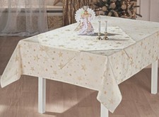 FESTLICHE WEIHNACHTSTISCHDECKE CREME GOLDENE GLITZERSTERNE JAQUARD 130 x 160cm 