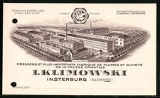 Vertreterkarte Insterburg, Erste Ostpreussische Bettfedern-Fabrik I. Klimowski, 