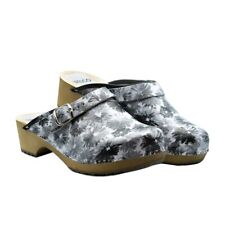 Blumen Schwedische Holzclogs aus Leder mit Schnalle niedriger Absatz geschlossen