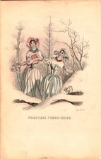 Kol. Lithographie Grafik 19 Jh. Les Fleurs animee Mode Damen Pflanzen Karikatur