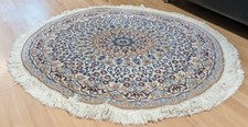 Teppich Nain Handgeknüpft Blautöne mit Weiß und Beige 112 cm Durchmesser floral