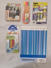 5tlg Schulsachen-Set  : Block, Textmarker, Uhu, Buntstifte, Fineliner