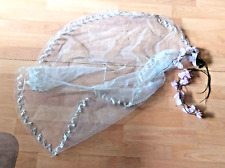 VINTAGE Langer Tüll Schleier cremeweiß ca. 51 cm Löcher ! rosa Blumen Karneval
