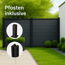 WPC Sichtschutz Zaun Gartenzaun Sichtschutzzaun, Komplettset mit Alu-Pfosten