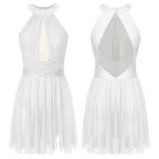 Damen Eiskunstlauf Kleider Glitzer Ballettkleid Neckholder Tanz Trikot Tanzkleid