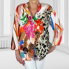 ITALY Bluse Tunika Langarm Damen Hemd Freizeitbluse Viskose Bunt Leo Onesize