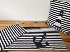 1x Maritimer Tischläufer * Tischdecke blau /weiß gestreift *Anker* 40x130cm.