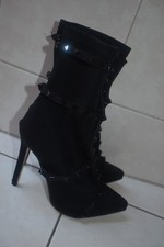  High Heels Stiefeletten edel sexy mit Nietenbänder Stretch schwarz  Gr. 38 neu