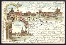 Lithographie Stralsund, Küther Thor, Blick vom Bahnhof aus, Hafenpanorama 1898 
