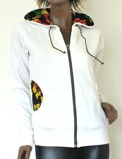Sweatshirt Jacke mit Kapuze, Weiß, Hibiskusblüten, Rasta