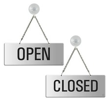 Open / Closed Wendeschild mit Kette 175x65 mm Aluminium mattsilber + Saughaken