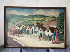 :ÖLGEMÄLDE LANDSCHAFT DORF PFERDEWAGEN BERG BURG °GROßFORMAT WOHL AUS GASTSTÄTTE