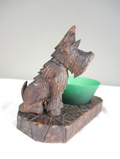 alter großer geschnitzter Holzhund Terrier mit Glasschale für Ablage, Höhe 20cm