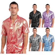 DE Herren durchsichtiges Hemd Tops Umlegekragen Kurzarm Glanz Blusen Beachwear