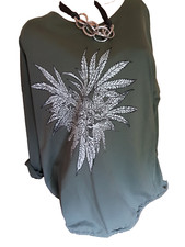 TUNIKA Shirt Bluse Lagenlook Khaki/Grün mit Glitzer Details Gr.  46 48-50-52