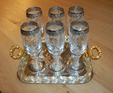 Murano Spiegel Tablett mit Murano Sektgläser Platinrand Relief 50er