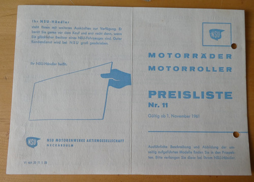 Original nsu preisliste 1961 - nsu,