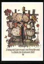 Künstler-AK Hummel: I bring viel Lieb..., Drei Mädchen mit Blumen und Wein 