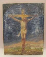 Jesus Christus am Kreuz altes  Ölbild auf Holz