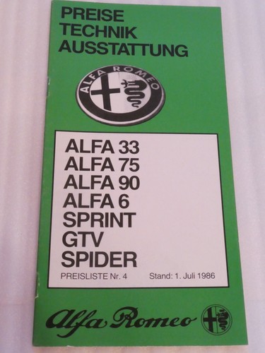Alfa romeo preisliste - preisliste, 1986