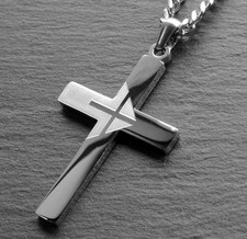 Kreuz Anhänger Edelstahl mit Panzerkette 60 cm Herrenschmuck silber-farb.